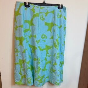 JH Collectibles Light Blue & Lime A-Line Floral Print Linen Blend Skirt, 10